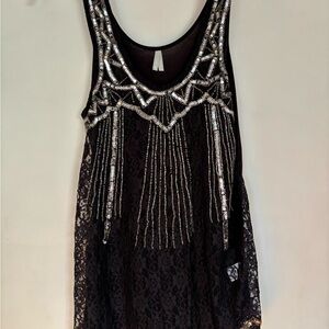 Vanity Black Lace Tank with Silver Sequin Fringe